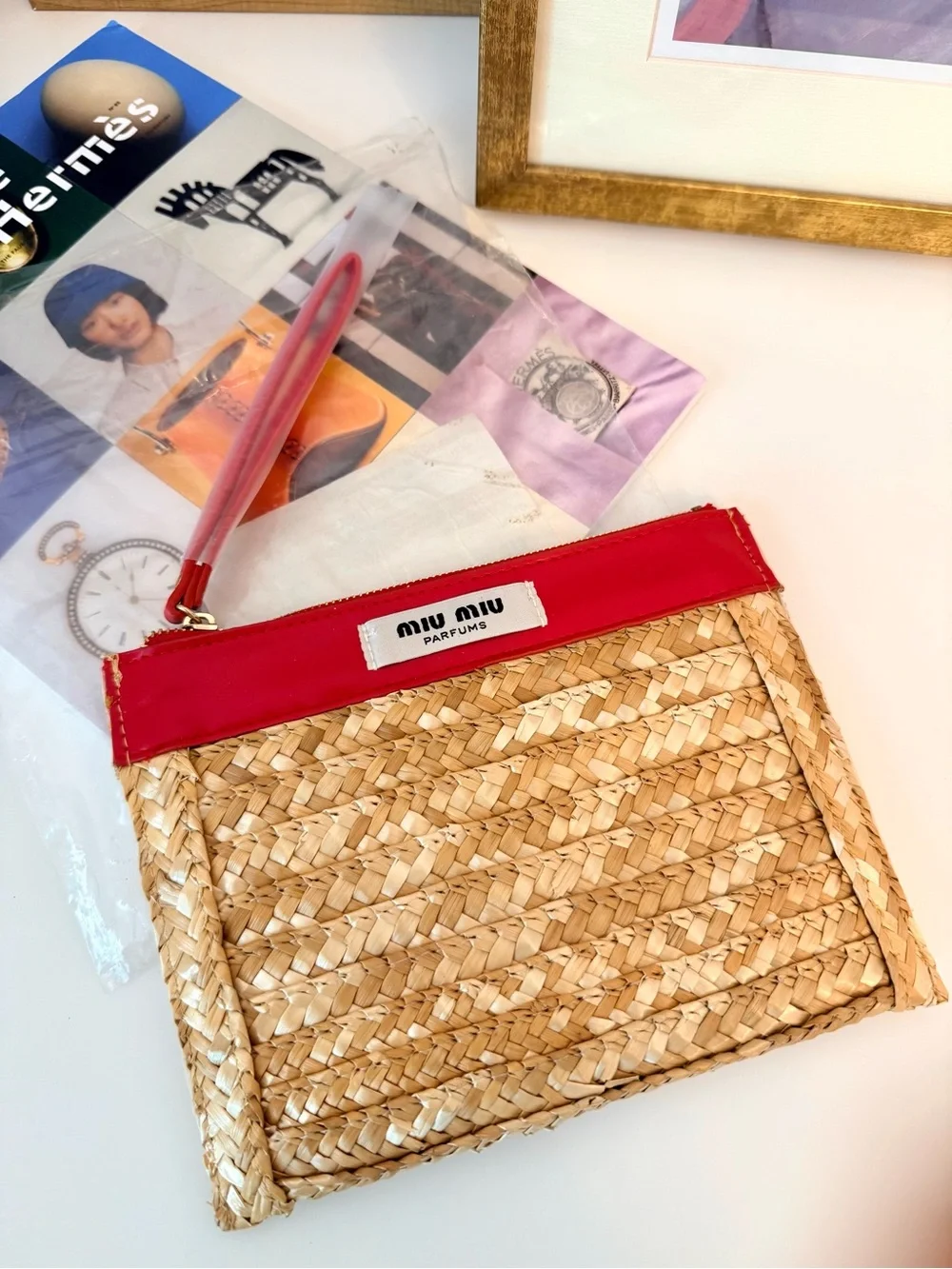 Miu Miu Raffia Zip Cosmetic Bag/Wristlet